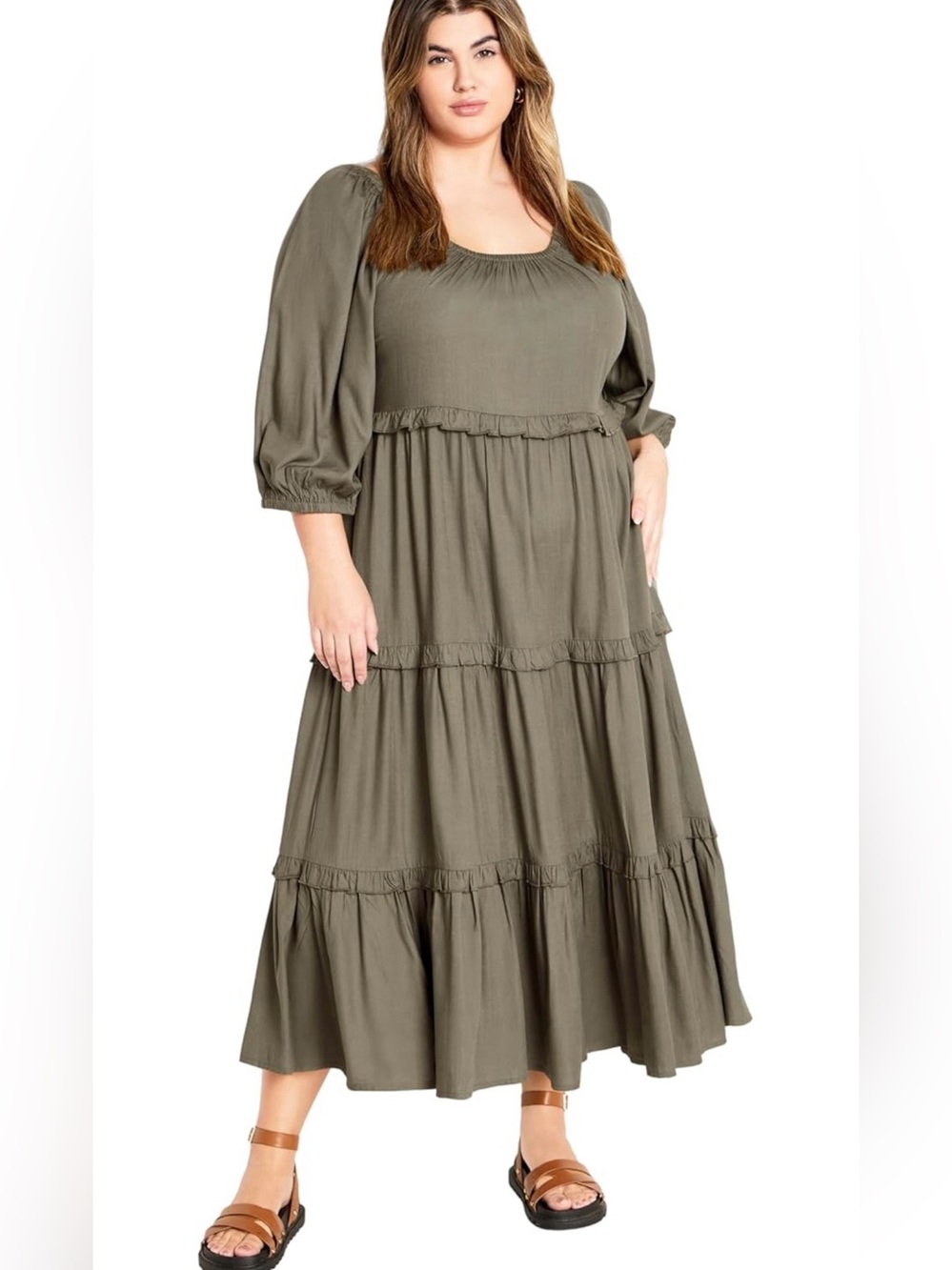 City Chic Heather Tier Dress | Olive Green | Size S (US 16) | Boho NWOT